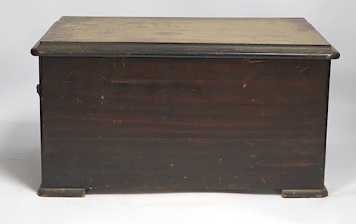 A 19th century Swiss cylinder, bells in sight eight air music box. Condition - poor with missing teeth to the comb, but currently working